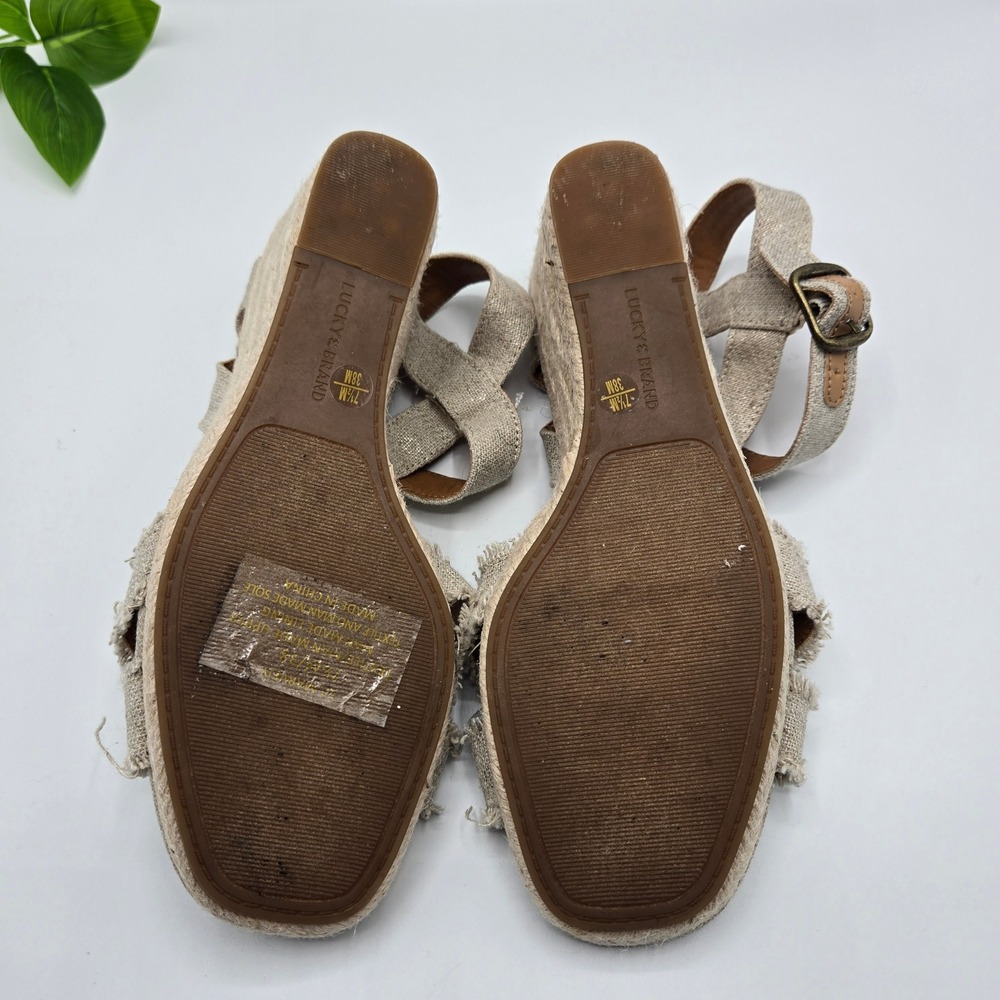 Lucky Brand Marveiy Wedge Sandals WMS 7.5M Oatmeal Linen Frayed Espadrille - Picture 5 of 6